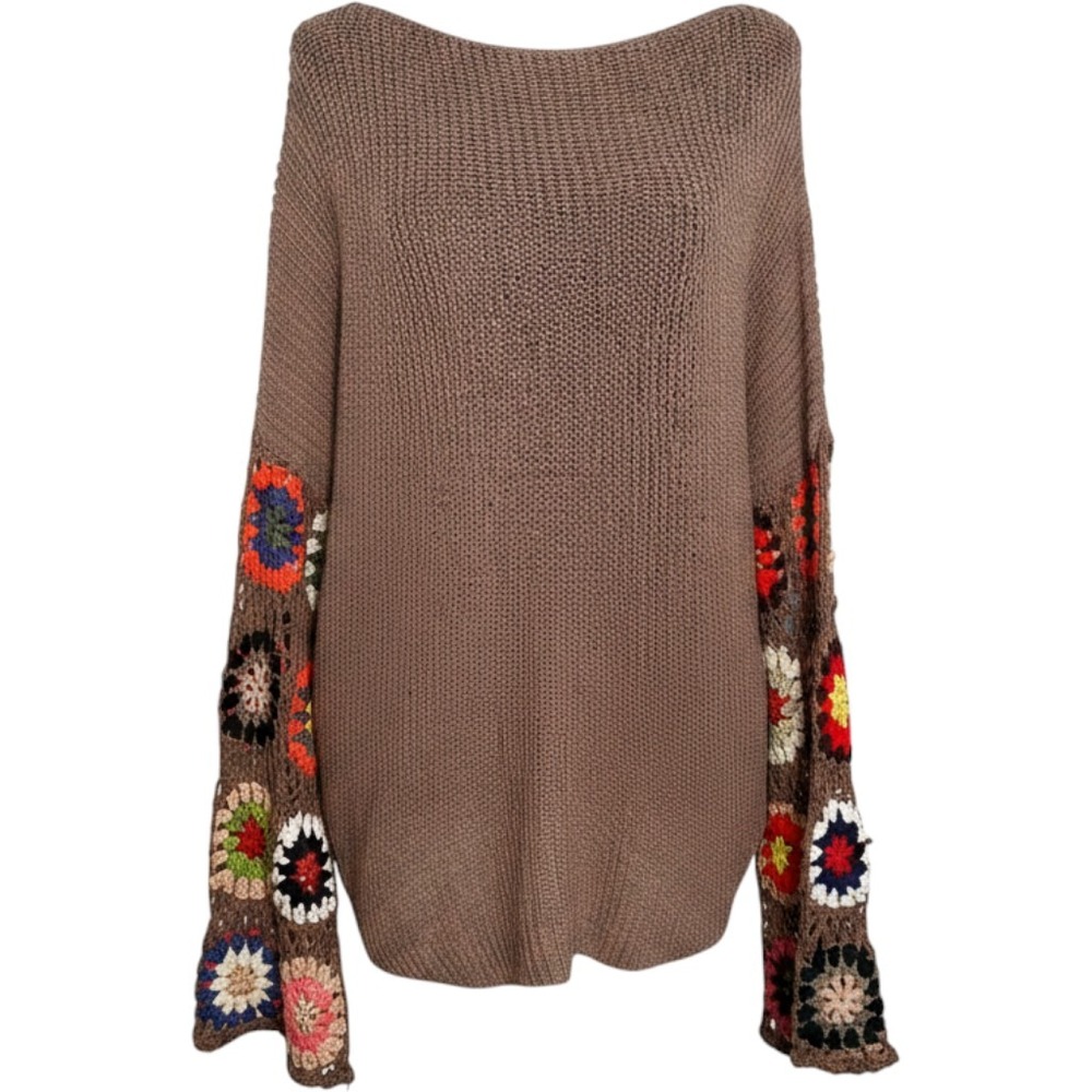 Davi & Dani Crochet Granny Square Sleeve Knit Sweater Brown Boho Large